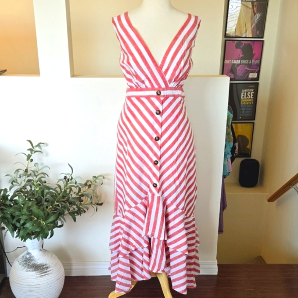 DAVI & DANI Red White Striped Button Front Ruffle Midi Dress Spring  1X 3X